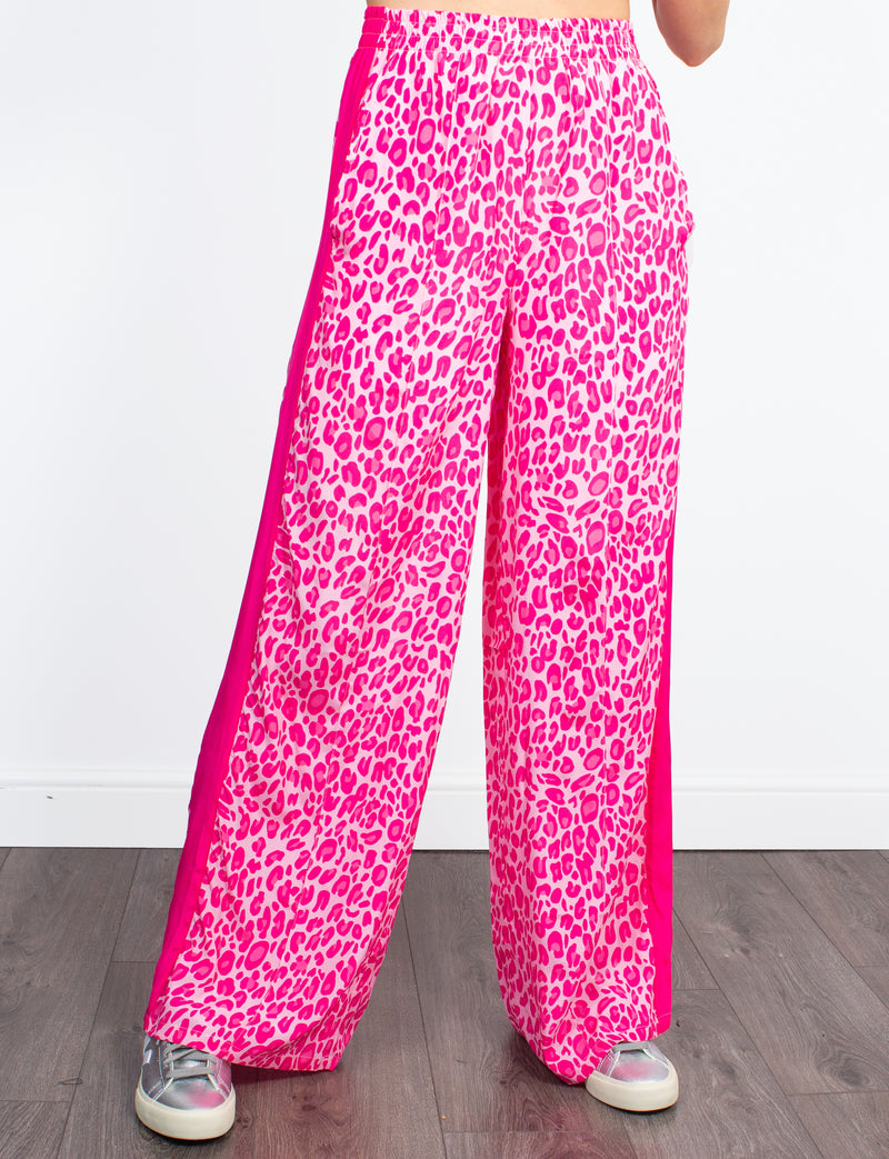 Kylie leo-print pink silk-blend trousers